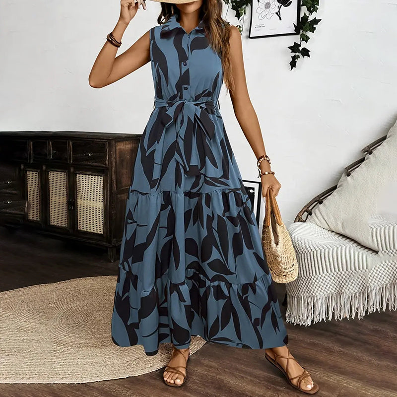Women Sleeveless Boho Floral Maxi Dress Summer Button Shirt V Neck Flowy Belted Beach Vacation Dresses