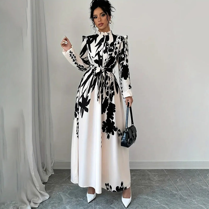 Women's Floral Print Long Sleeve Maxi Dress - Stand Collar A-Line Dress With Waist Detail, Lantern Sleeves & Ruffle Hem For Spring&Fall