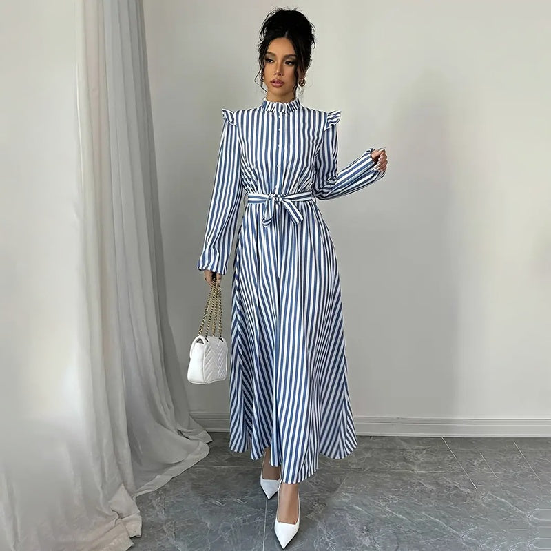 Women's Floral Print Long Sleeve Maxi Dress - Stand Collar A-Line Dress With Waist Detail, Lantern Sleeves & Ruffle Hem For Spring&Fall