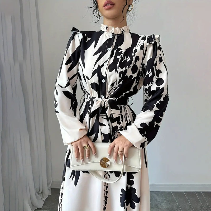 Women's Floral Print Long Sleeve Maxi Dress - Stand Collar A-Line Dress With Waist Detail, Lantern Sleeves & Ruffle Hem For Spring&Fall