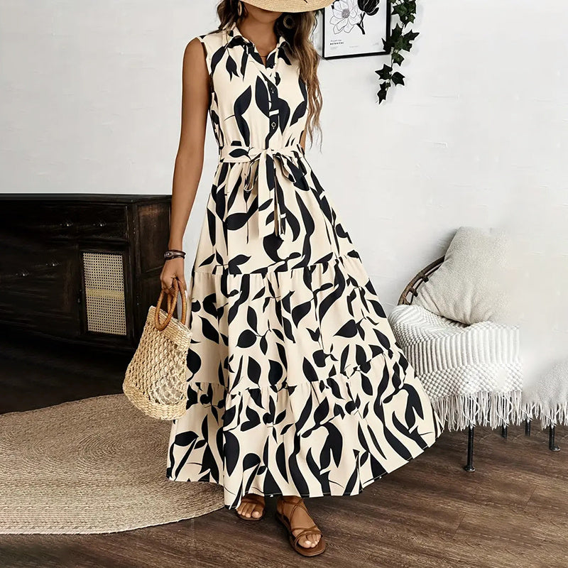 Women Sleeveless Boho Floral Maxi Dress Summer Button Shirt V Neck Flowy Belted Beach Vacation Dresses