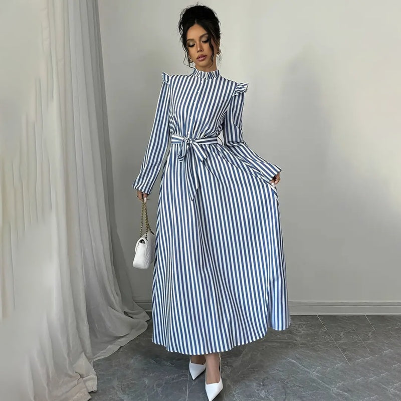 Women's Floral Print Long Sleeve Maxi Dress - Stand Collar A-Line Dress With Waist Detail, Lantern Sleeves & Ruffle Hem For Spring&Fall